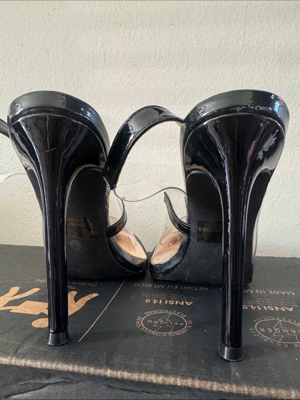 Fashion Nova Black Patent Pointed Slingback Heels with Clear PVC